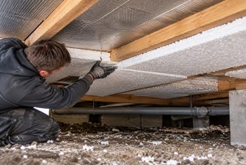 Houten vloer isoleren met isolatieplaten in de kruipruimte Monteur plaatst isolatieplaten tegen de onderzijde van een houten vloer in de kruipruimte