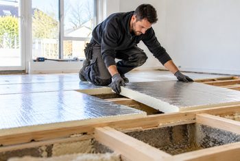 Monteur plaatst isolatieplaten met een reflecterende folielaag tussen de houten vloerbalken tijdens het isoleren van een vloer