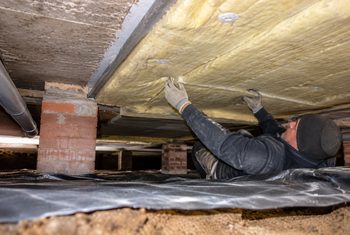 Monteur brengt minerale wol aan tegen de onderzijde van een vloer in de kruipruimte